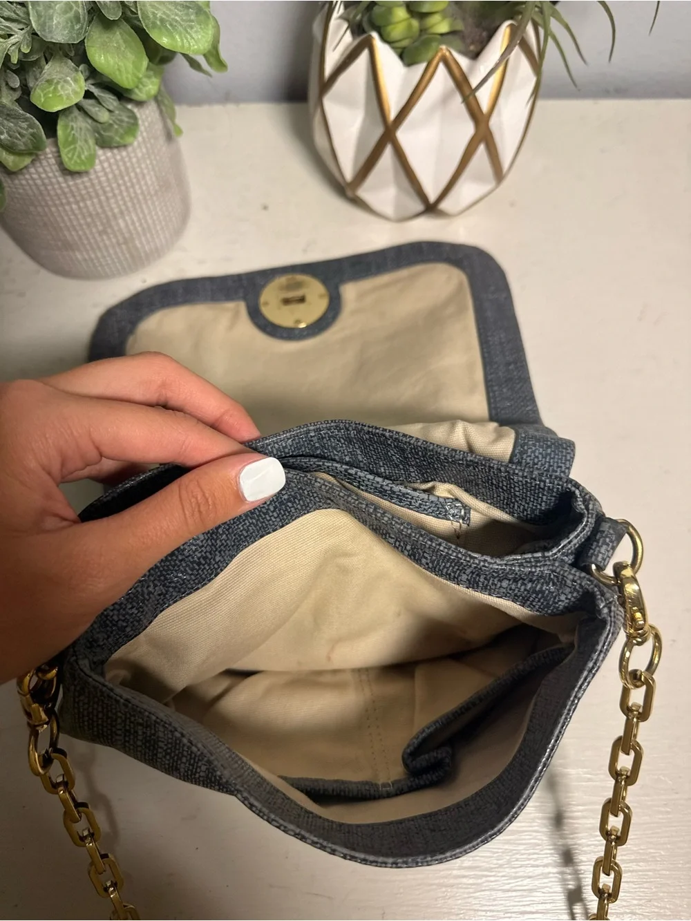 Tory Burch  Gray Crossbody with Gold Chain and turnlock